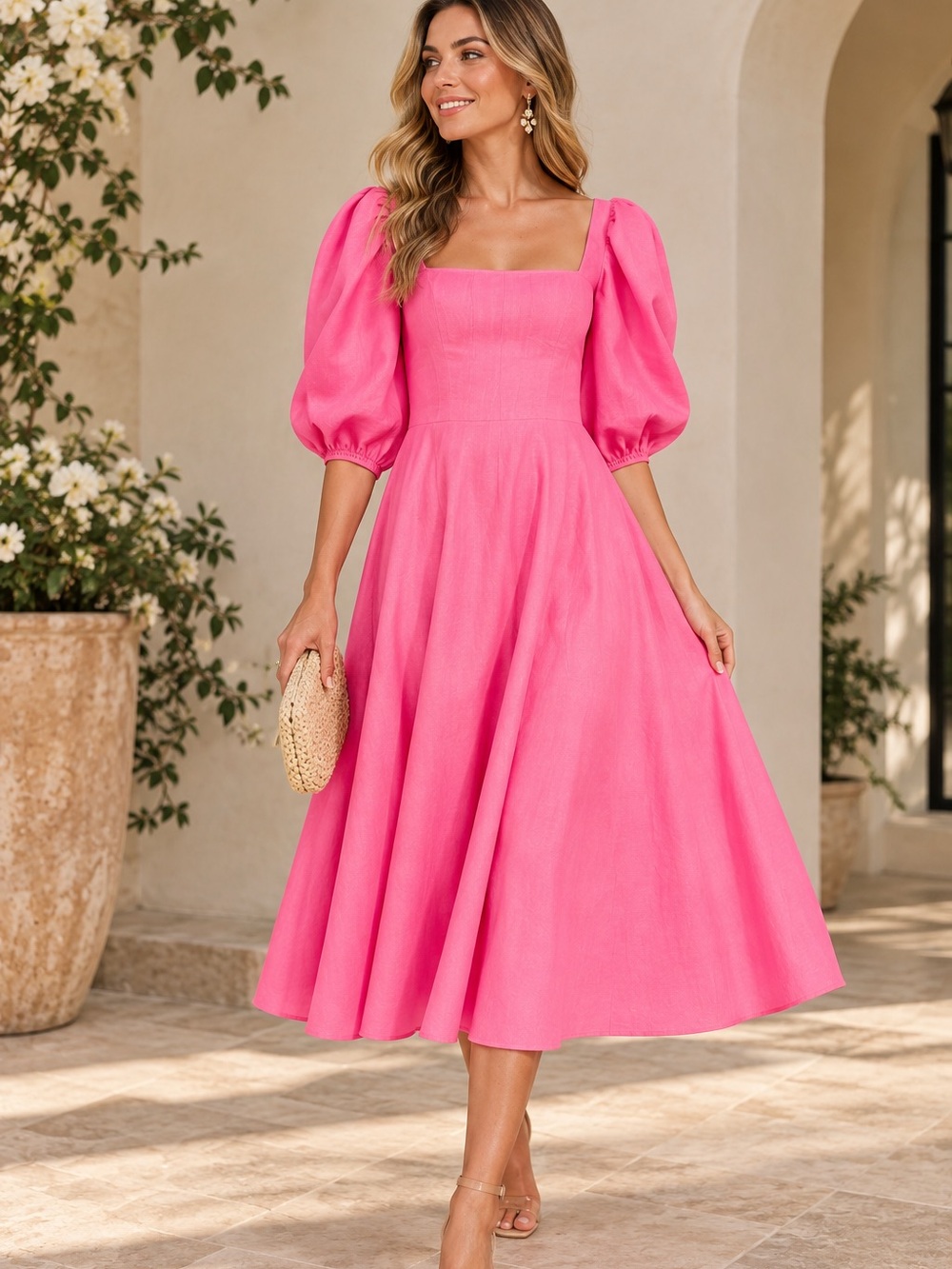 STAUD swells pink Puff-Sleeve Midi Dress Square Neck NWT size 12